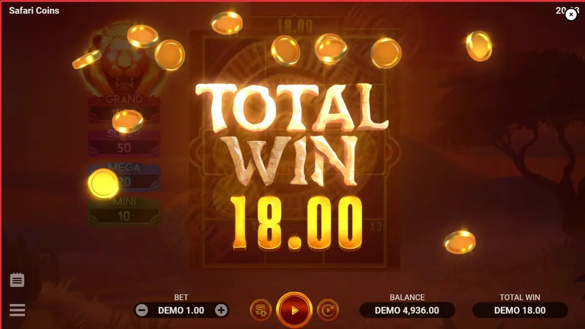 Tampilan visual slot Safari Coins dengan latar belakang padang rumput Afrika yang megah